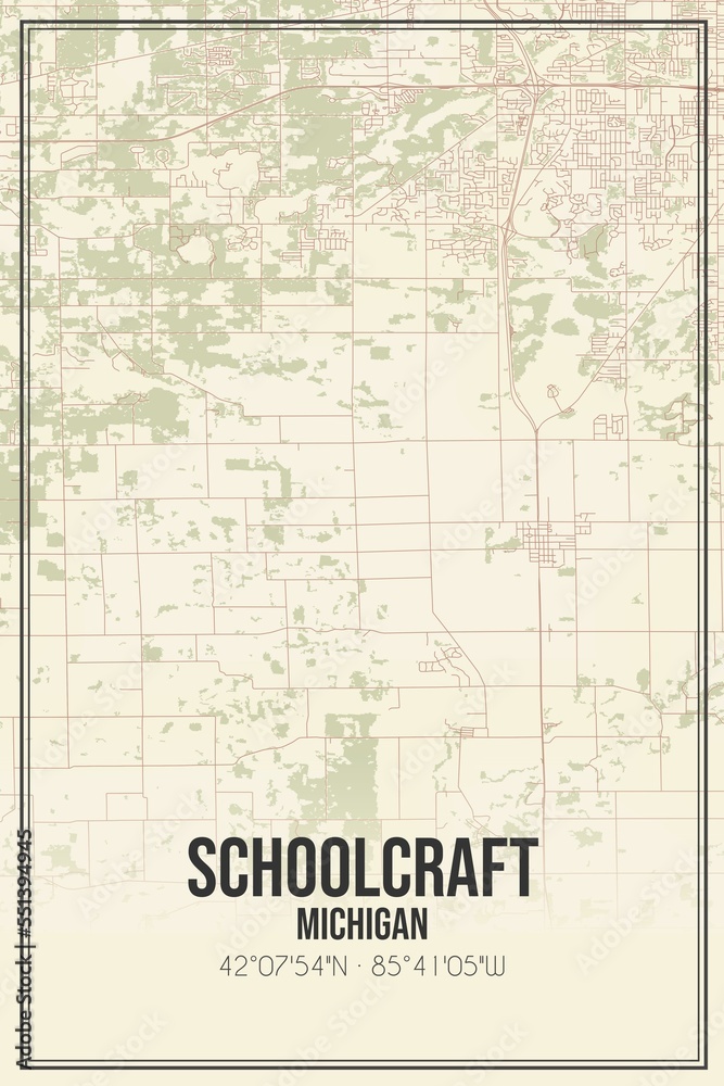 Fototapeta premium Retro US city map of Schoolcraft, Michigan. Vintage street map.