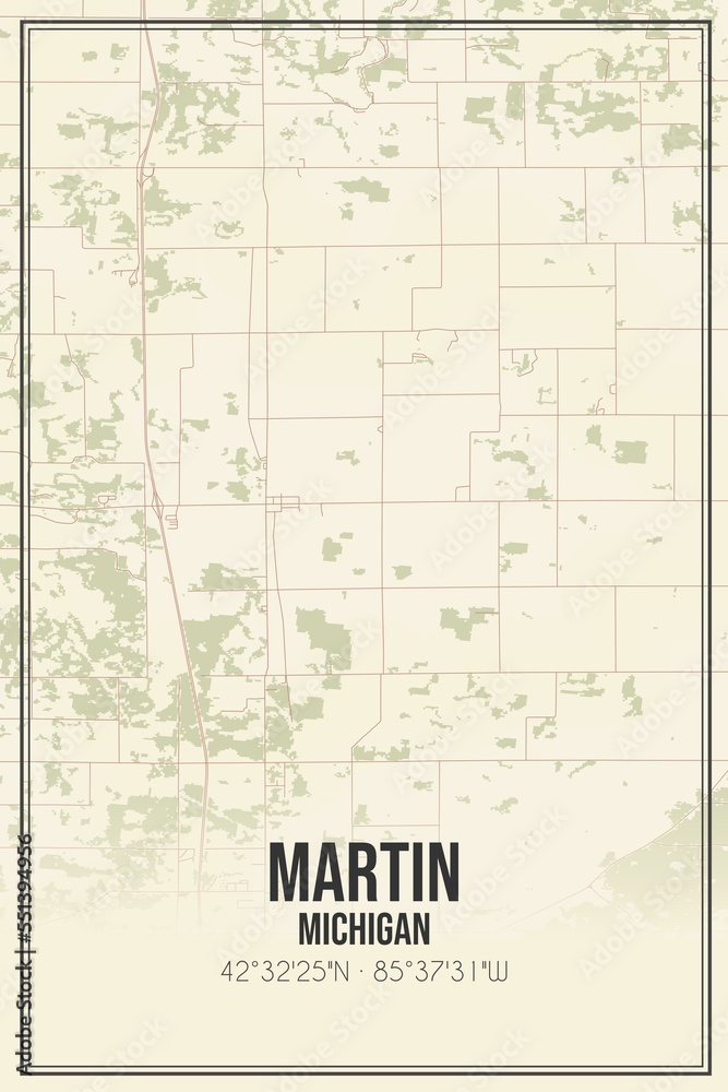 Retro US city map of Martin, Michigan. Vintage street map.