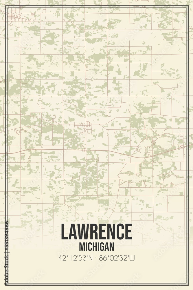 Retro US city map of Lawrence, Michigan. Vintage street map.