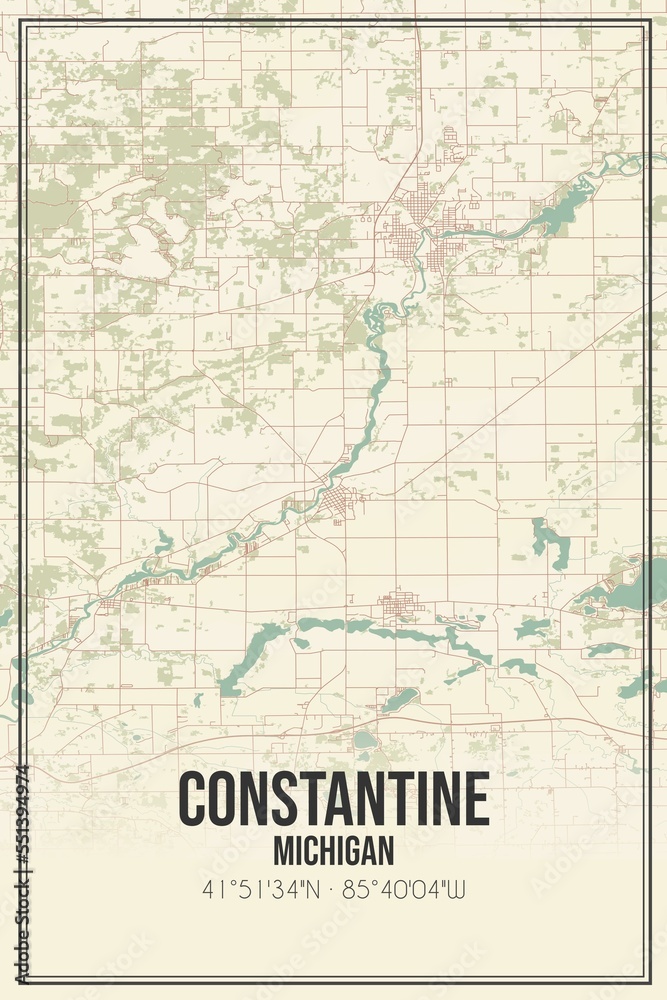 Retro US city map of Constantine, Michigan. Vintage street map.