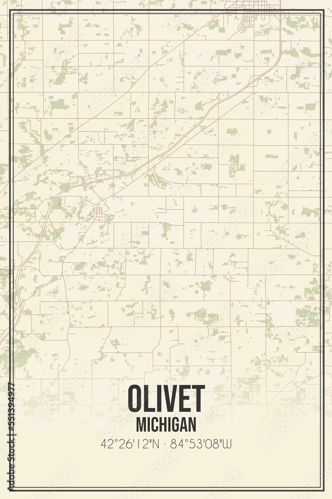 Retro US city map of Olivet, Michigan. Vintage street map.