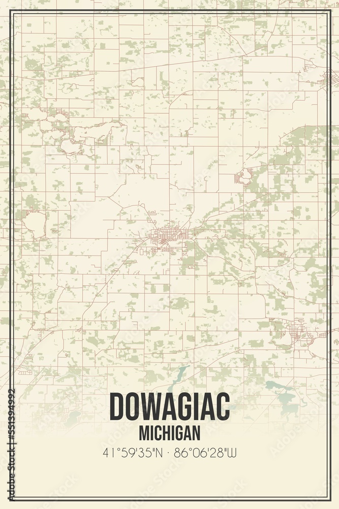 Retro US city map of Dowagiac, Michigan. Vintage street map.