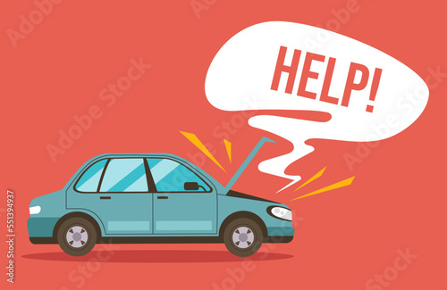Broken car damage accident crash steam concept. Vector flat graphic design element concept illustration