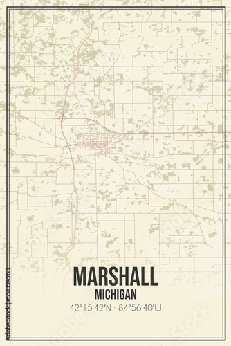 Retro US city map of Marshall, Michigan. Vintage street map.