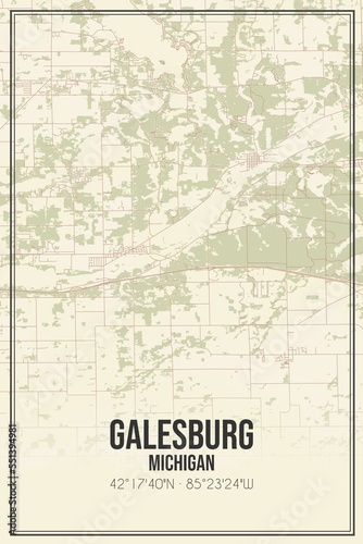 Retro US city map of Galesburg  Michigan. Vintage street map.