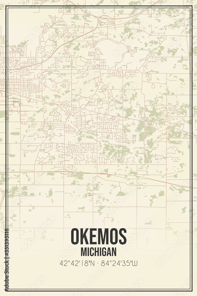 Retro US city map of Okemos, Michigan. Vintage street map.