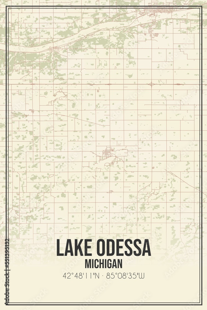 Retro US city map of Lake Odessa, Michigan. Vintage street map.