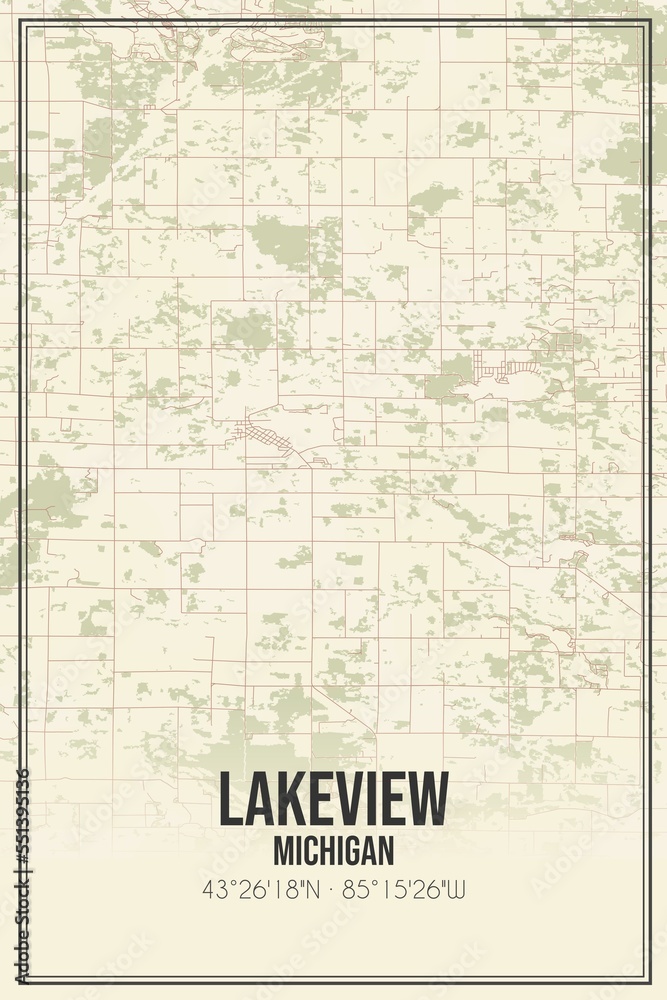 Retro US city map of Lakeview, Michigan. Vintage street map.