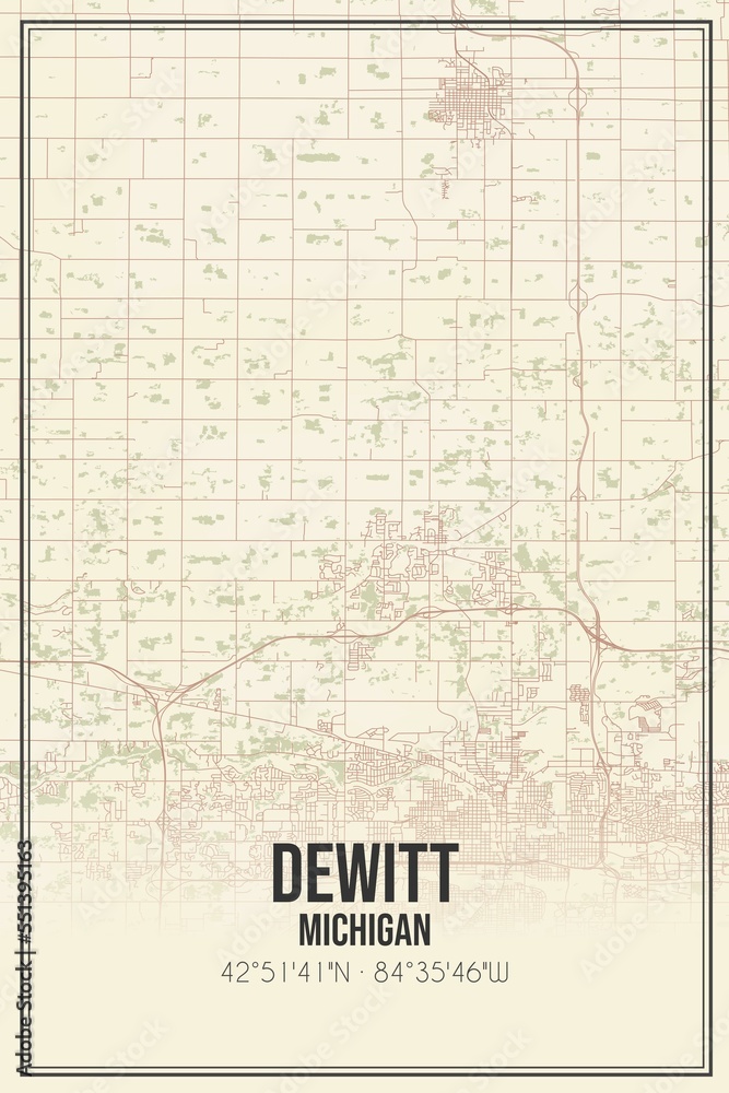 Retro US city map of Dewitt, Michigan. Vintage street map.