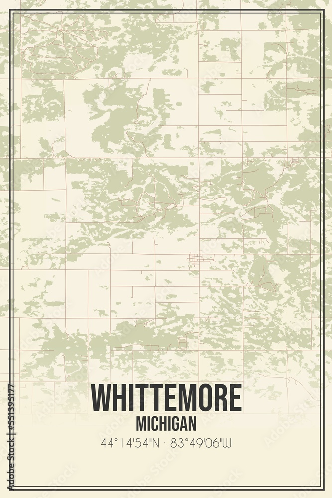 Retro US city map of Whittemore, Michigan. Vintage street map.
