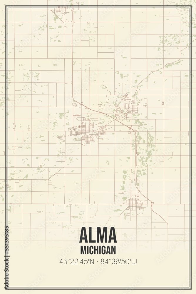 Retro US city map of Alma, Michigan. Vintage street map.