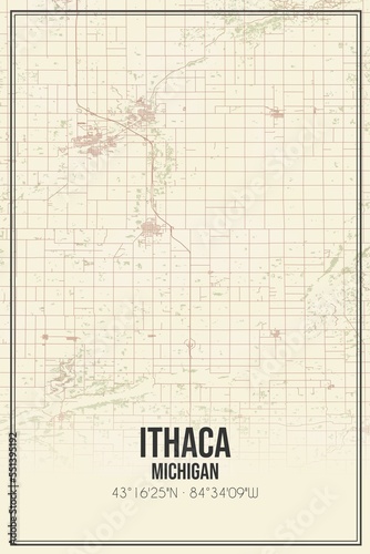 Retro US city map of Ithaca, Michigan. Vintage street map. photo