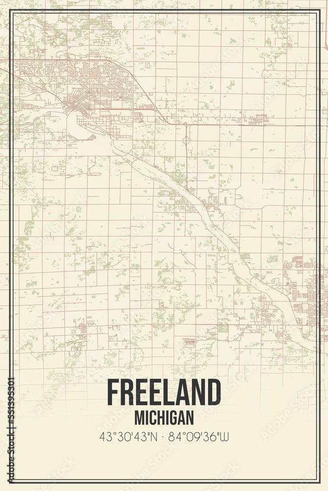 Retro US city map of Freeland, Michigan. Vintage street map.