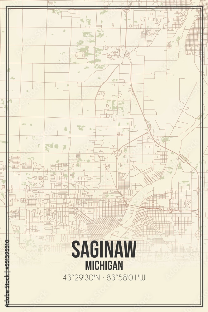 Retro US city map of Saginaw, Michigan. Vintage street map.