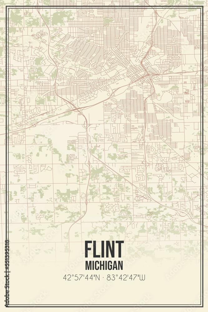 Retro US city map of Flint, Michigan. Vintage street map.