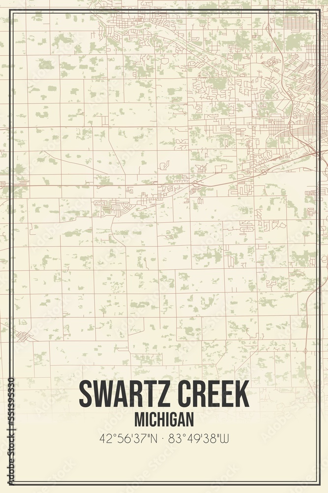 Retro US city map of Swartz Creek, Michigan. Vintage street map.