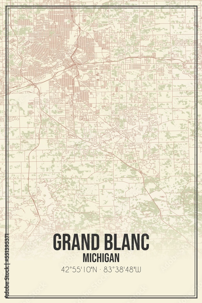 Retro US city map of Grand Blanc, Michigan. Vintage street map.