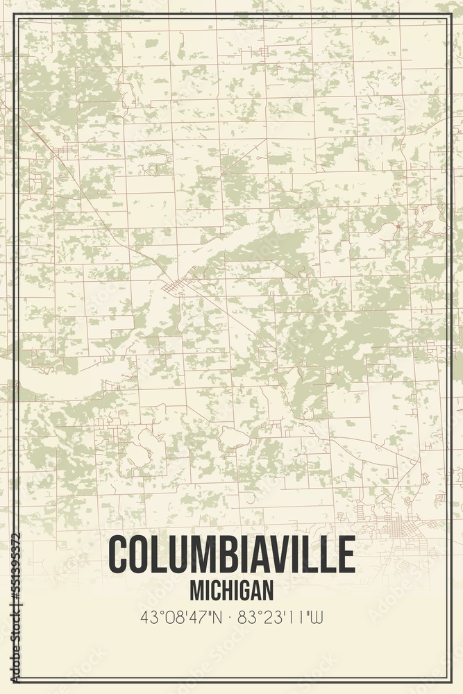 Retro US city map of Columbiaville, Michigan. Vintage street map.