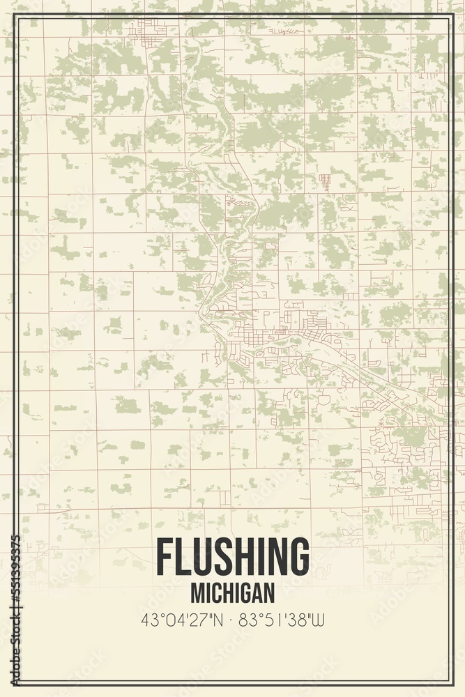 Retro US city map of Flushing, Michigan. Vintage street map.