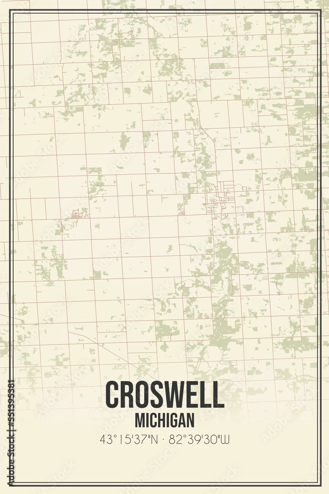 Retro US city map of Croswell, Michigan. Vintage street map.