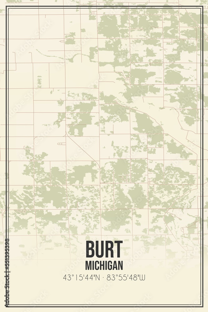 Retro US city map of Burt, Michigan. Vintage street map.