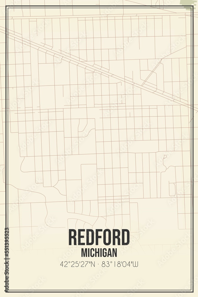 Retro US city map of Redford, Michigan. Vintage street map.