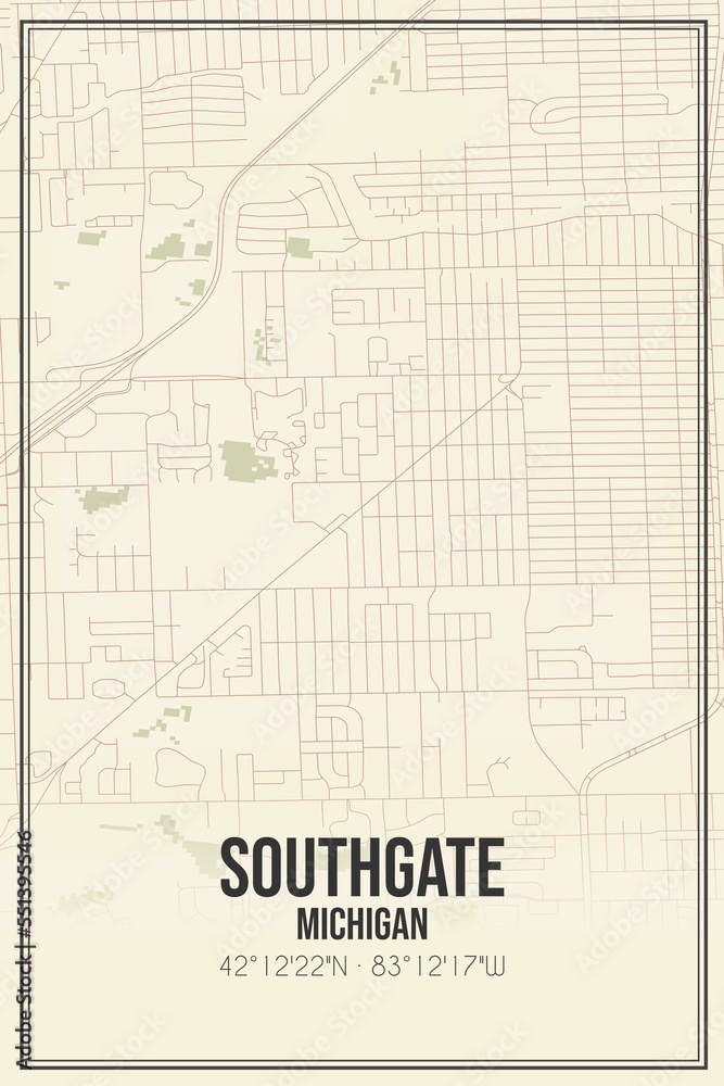 Retro US city map of Southgate, Michigan. Vintage street map.