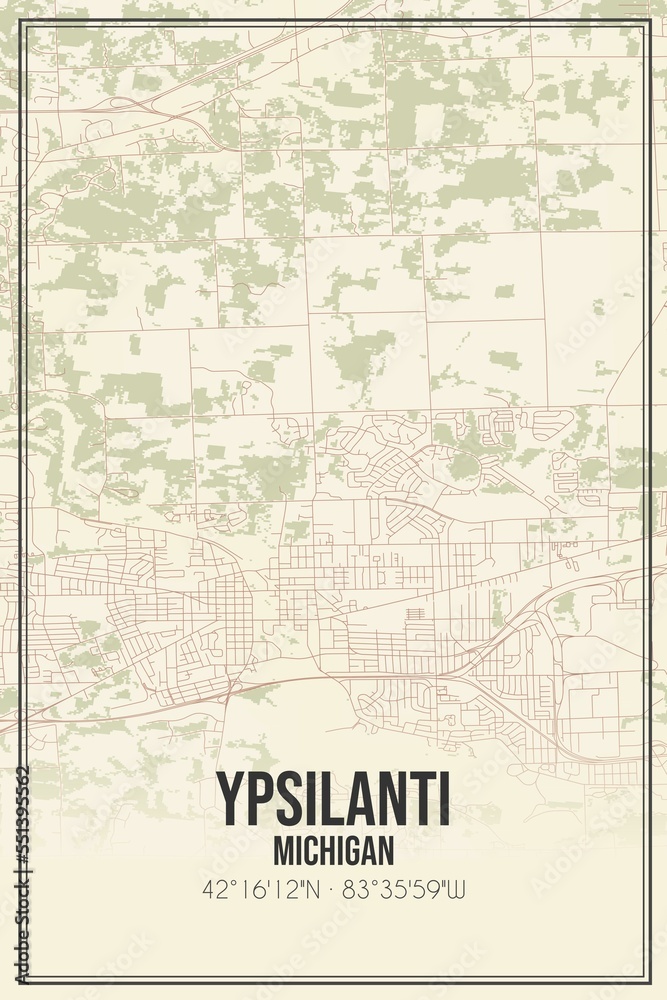 Retro US city map of Ypsilanti, Michigan. Vintage street map.