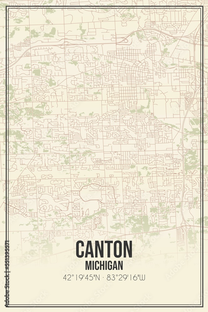 Retro US city map of Canton, Michigan. Vintage street map.