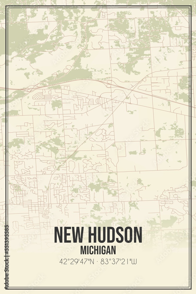 Retro US city map of New Hudson, Michigan. Vintage street map.