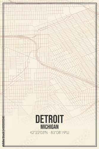 Retro US city map of Detroit  Michigan. Vintage street map.