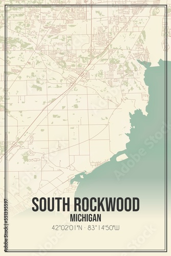 Retro US city map of South Rockwood, Michigan. Vintage street map. photo