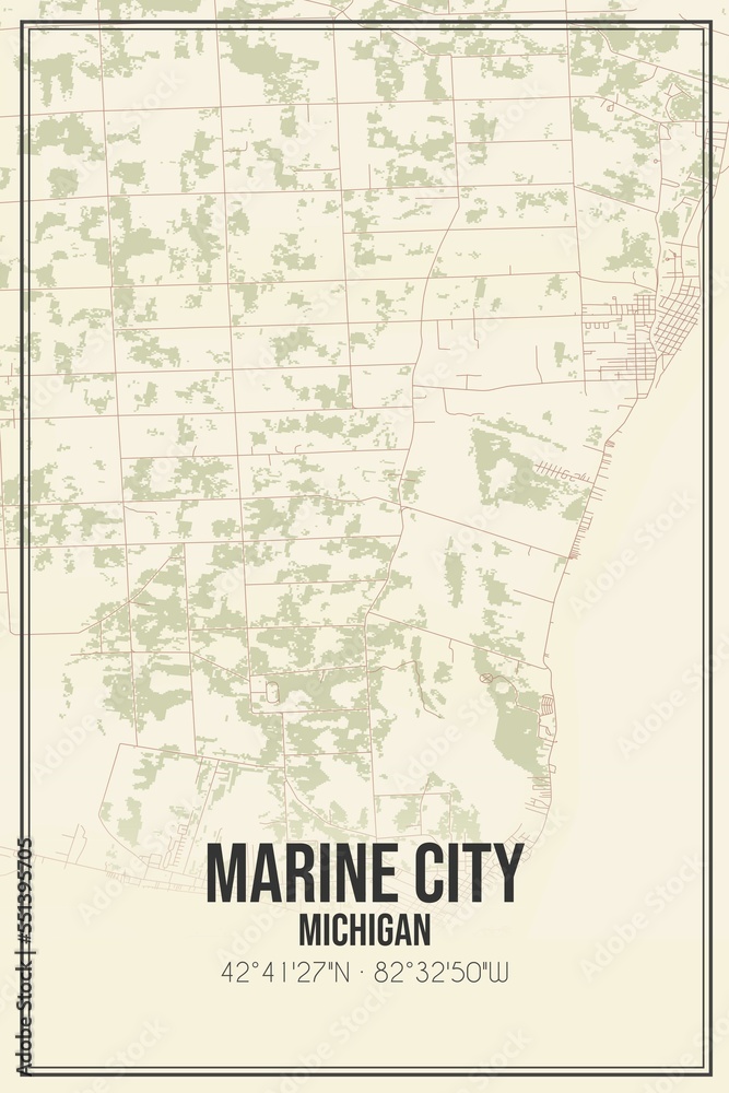 Retro US city map of Marine City, Michigan. Vintage street map.