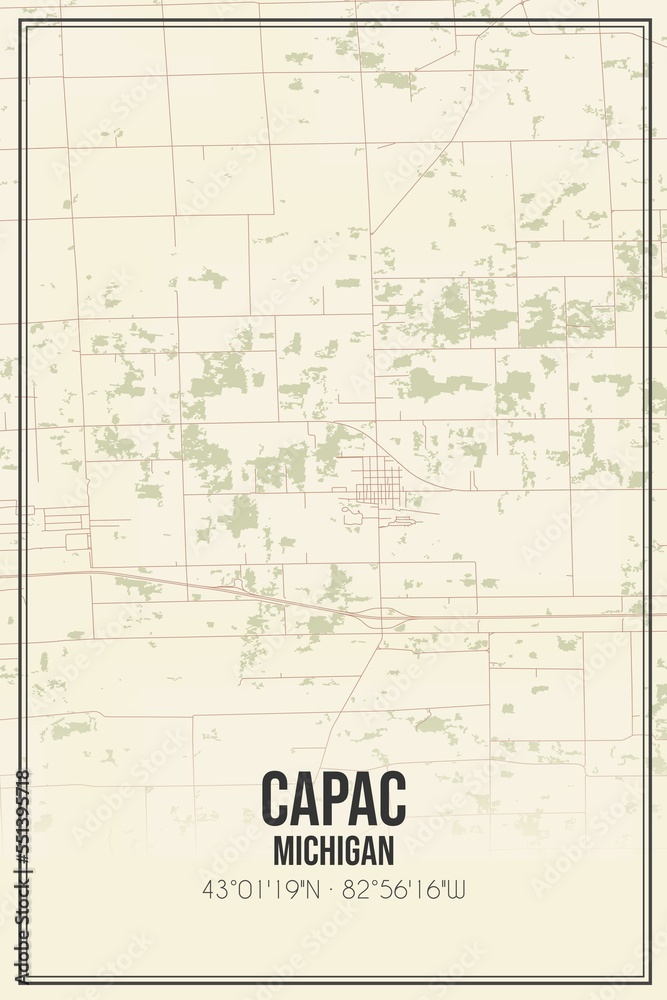 Retro US city map of Capac, Michigan. Vintage street map.