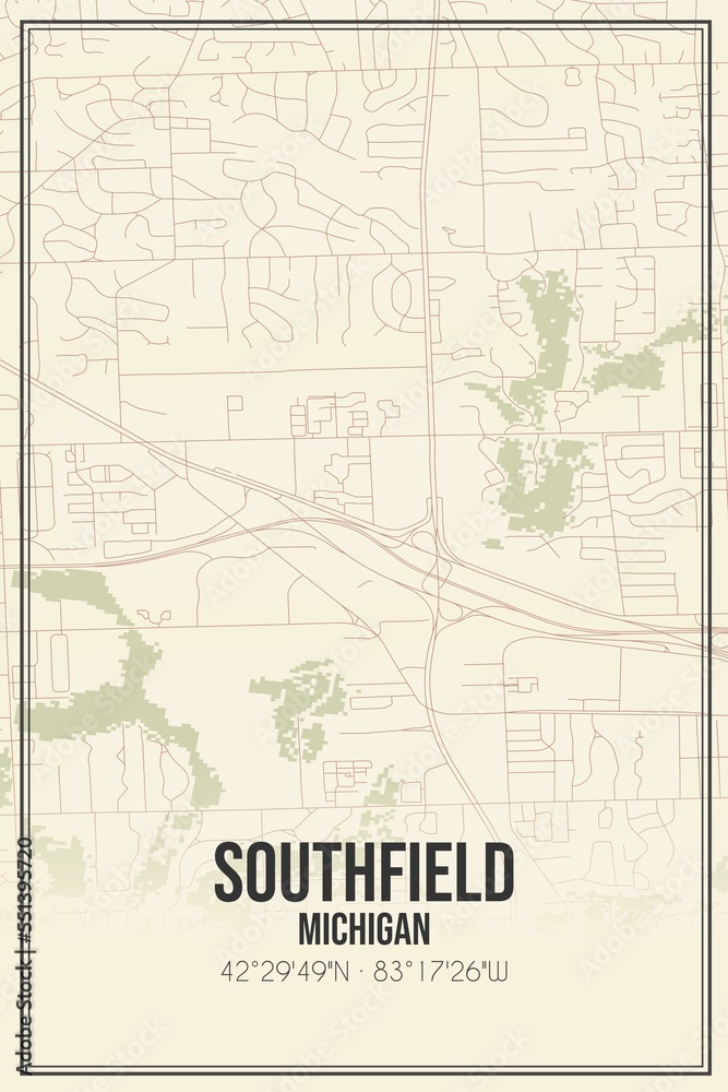 Retro US city map of Southfield, Michigan. Vintage street map.