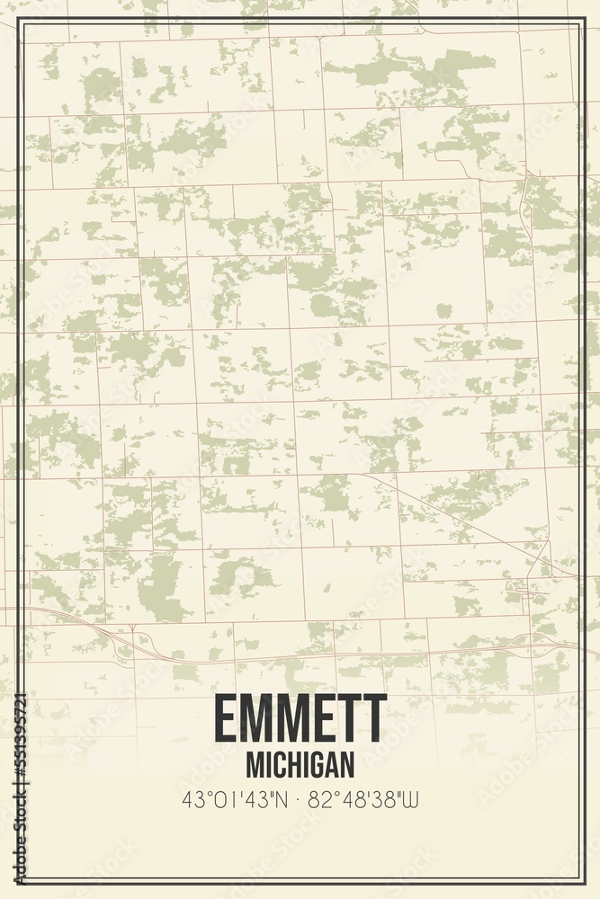 Retro US city map of Emmett, Michigan. Vintage street map.