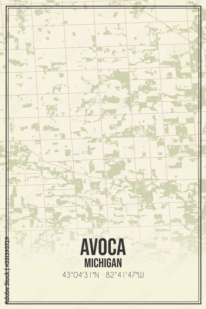 Retro US city map of Avoca, Michigan. Vintage street map.