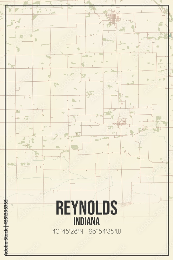 Retro US city map of Reynolds, Indiana. Vintage street map.