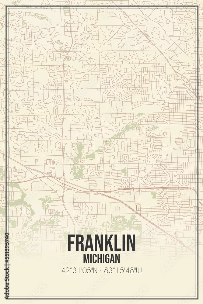 Retro US city map of Franklin, Michigan. Vintage street map.