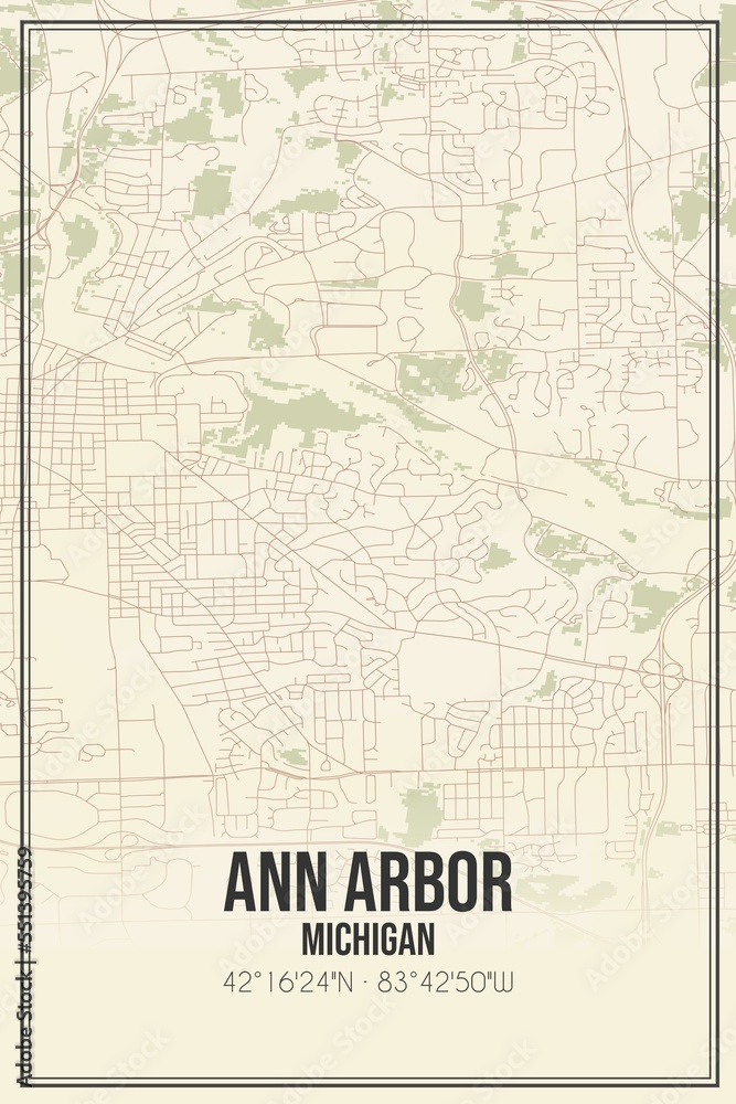 Retro US city map of Ann Arbor, Michigan. Vintage street map.