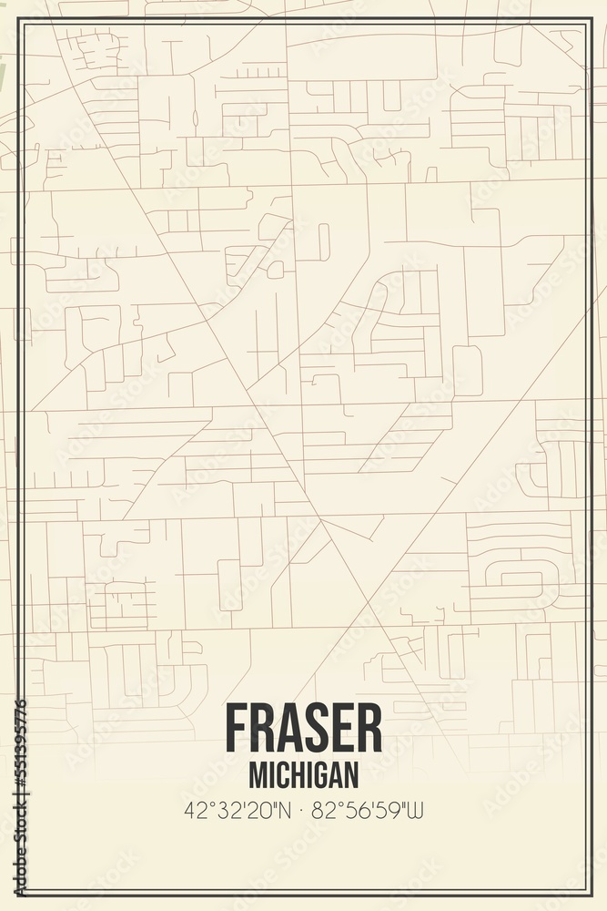 Retro US city map of Fraser, Michigan. Vintage street map.