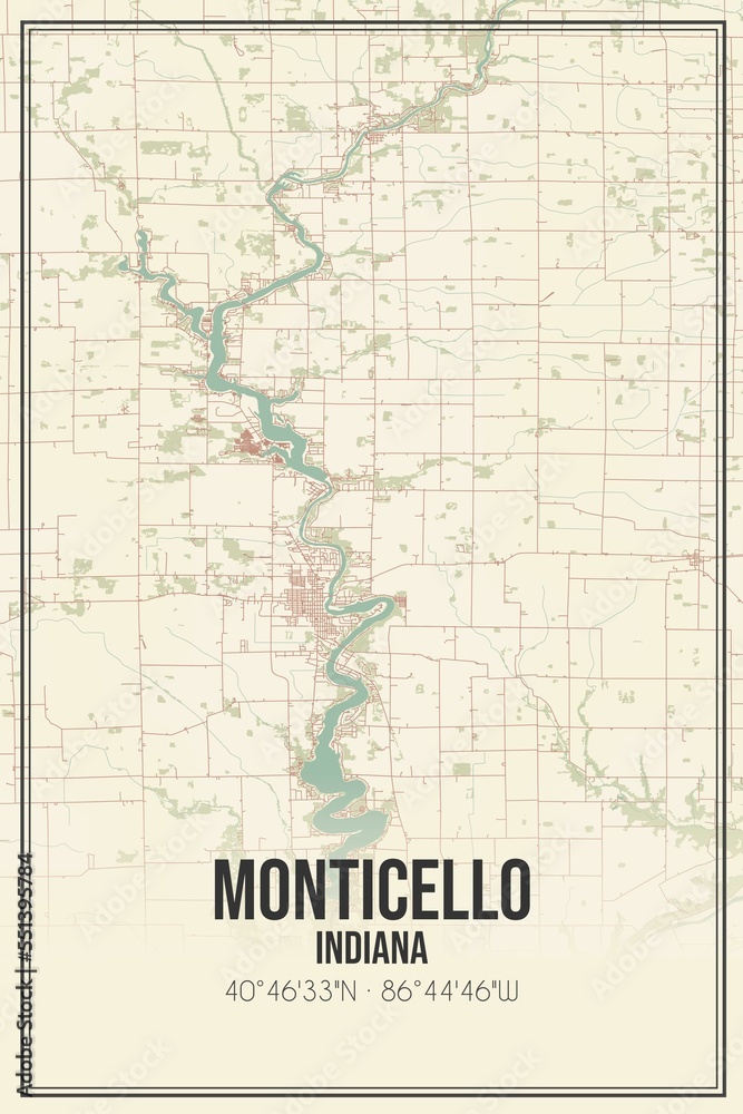 Fototapeta premium Retro US city map of Monticello, Indiana. Vintage street map.