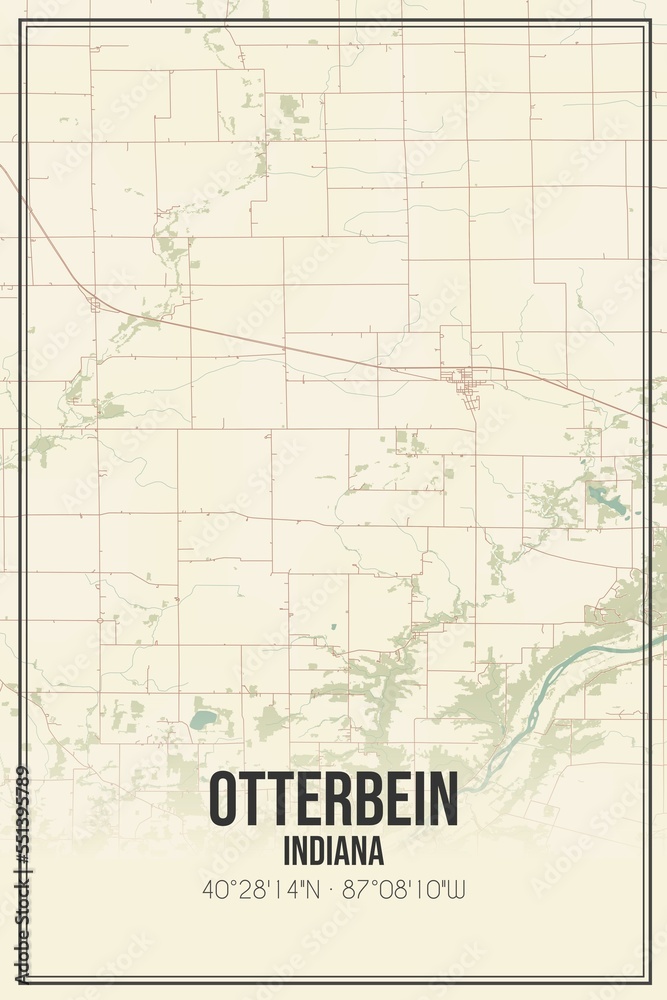 Retro US city map of Otterbein, Indiana. Vintage street map.