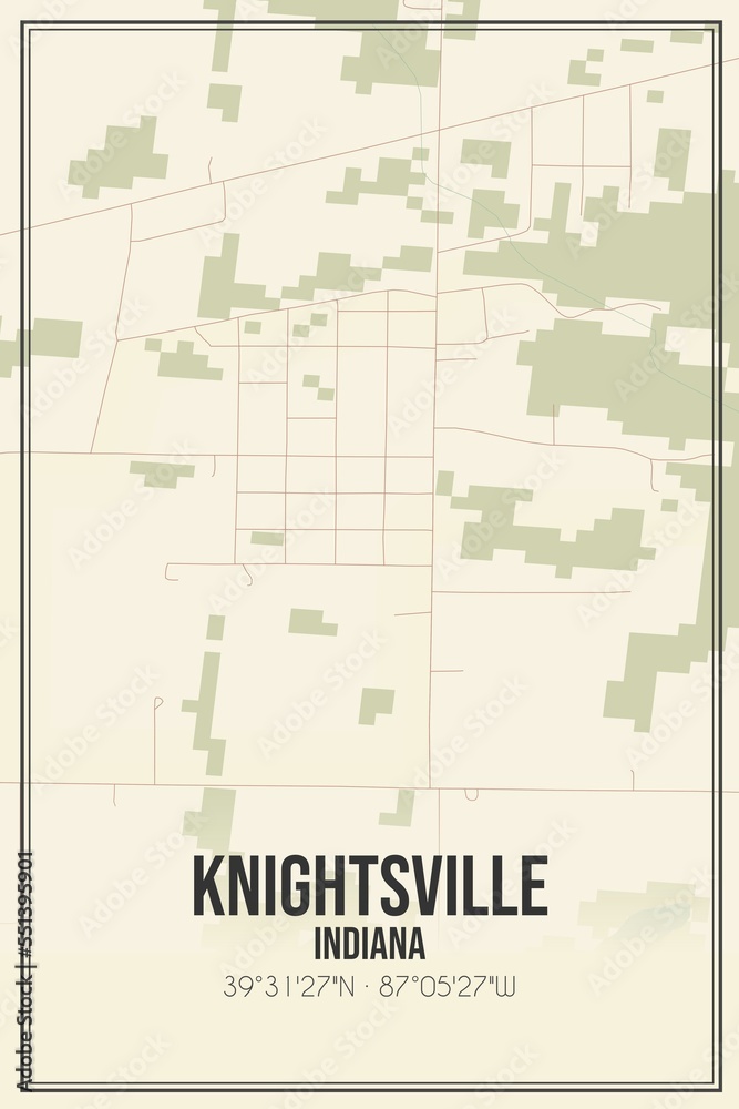 Retro US city map of Knightsville, Indiana. Vintage street map.