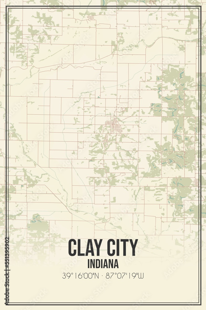Retro US city map of Clay City, Indiana. Vintage street map.