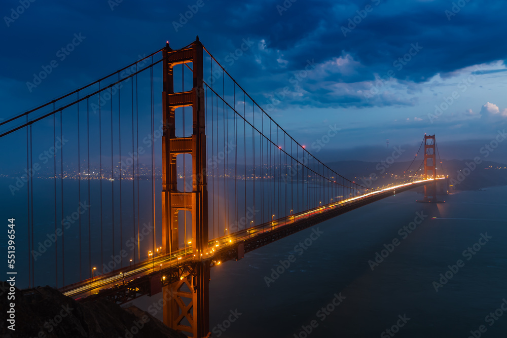 Golden Gate Bridge at Night with dark stormy clouds