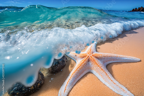 Tropical sandy wave  beach and starfish. Tropical background.  Ocean foam macro and white sand with narrow focus background. Travel and vacation concept