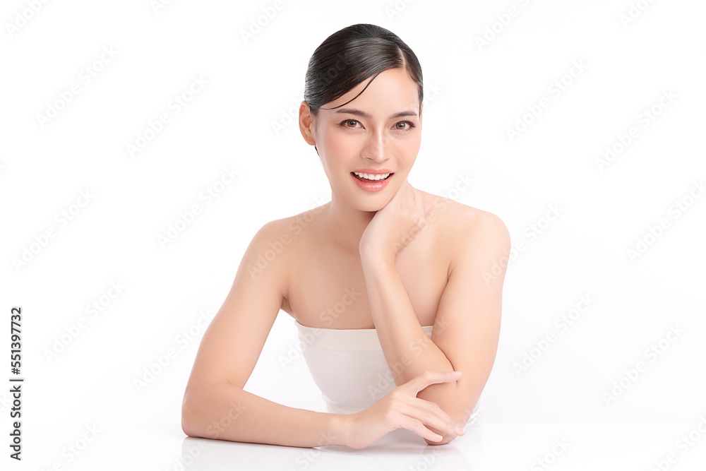 Beautiful young asian woman with clean fresh skin on white background, Face care, Facial treatment, Cosmetology, beauty and spa, Asian women portrait.