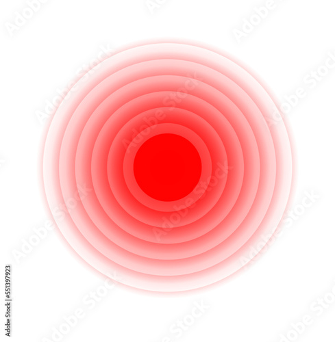 Pain red circle or localization mark, aching place sign, abstract symbol of pain, sore spot or hurt body part marker, design element for painkiller advertisement and medical information posters