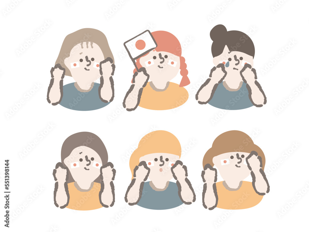 日本を応援する　女性　イラスト　セット
